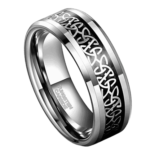 silver mens ring with black highlights, tungsten and carbon fibre design 8mm for wedding anniversary engagement or promise ring in all sizes
