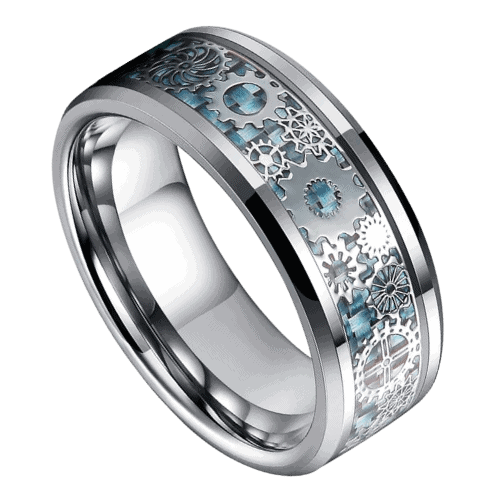 mens silver ring with watch clog carbon fibre inlay 8mm width in all sizes for weddings anniversary engagement