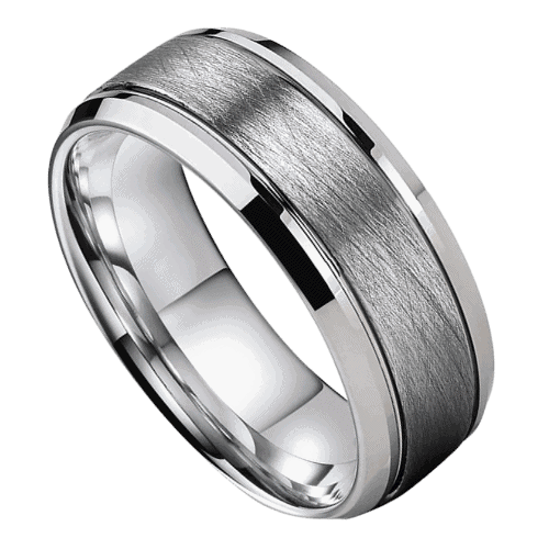mens silver ring for wedding anniversary or engagement. brushed silver with polished sides 8mm tungsten in all sizes
