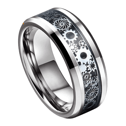 silver mens ring with black watch cog inlay for wedding anniversary engagement band in all sizes 6mm or 8mm
