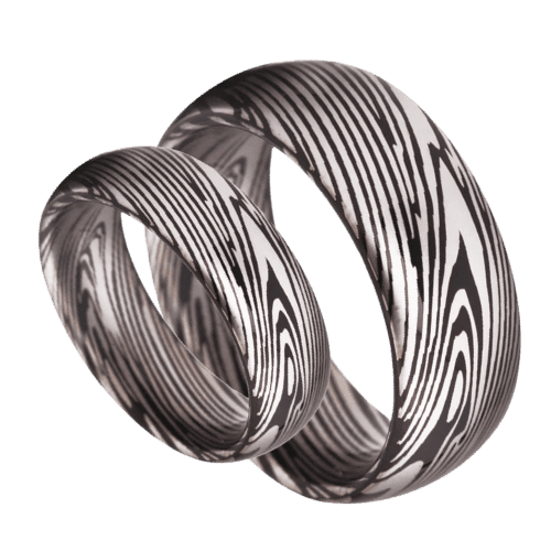 silver mens ring with black waterfall modern design like damascus steel 6mm or 8mm tungsten in all sizes for wedding engagement and anniversary