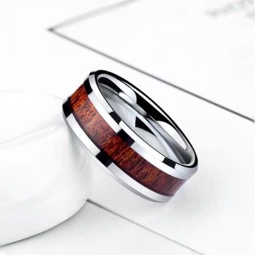 wood ring for men with silver tungsten sides in 8mm width perfect for wedding anniversary or engagement