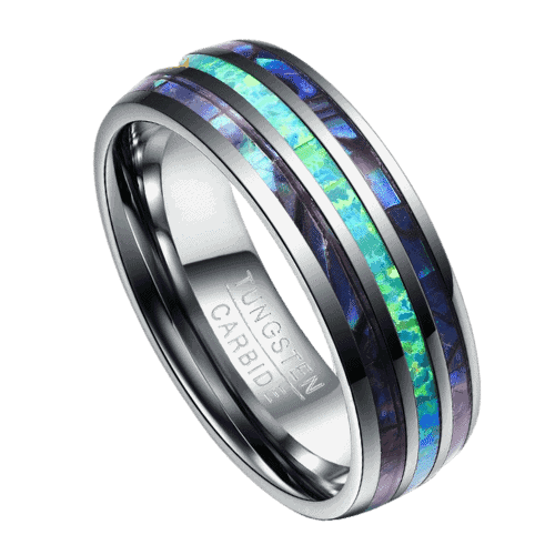 mens shell ring 8mm tungsten silver blue green opal ring for wedding anniversary engagement band in all sizes