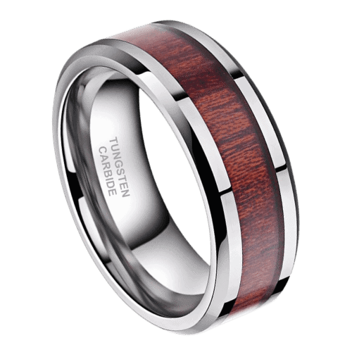 mens wood ring with silver tungsten 8mm wedding anniversary engagement band in all sizes. modern design