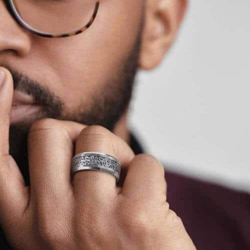 Mojo silver tungsten and black carbon fibre inlay mens ring on finger