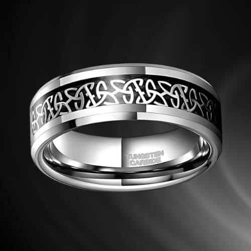 mens carbon fibre ring with silver tungsten. Modern black band 8mm in all sizes