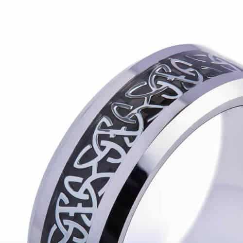 close up of mens ring silver black design tungsten band