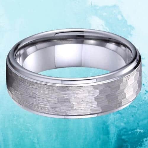 mens silver hammered ring 8mm tungsten 