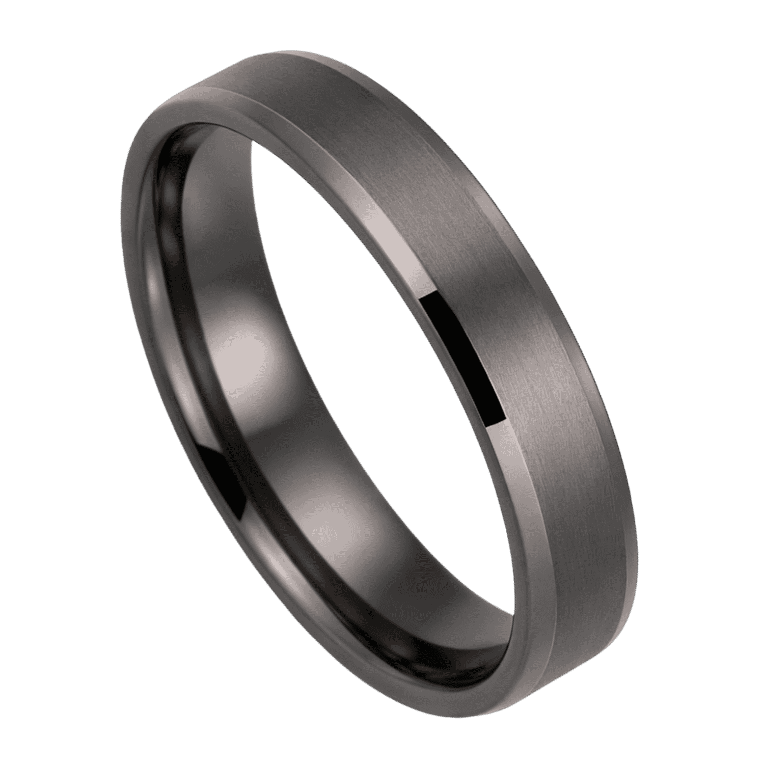 A zoomed in shot of a gunmetal grey tungsten ring. It has a brushed finish and bevelled edges.