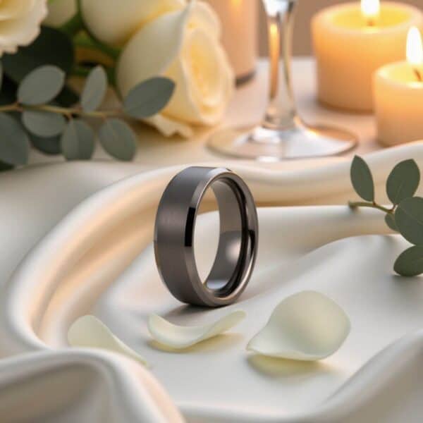 Mans gunmetal grey wedding ring or engagement ring. Crafted from tungsten.