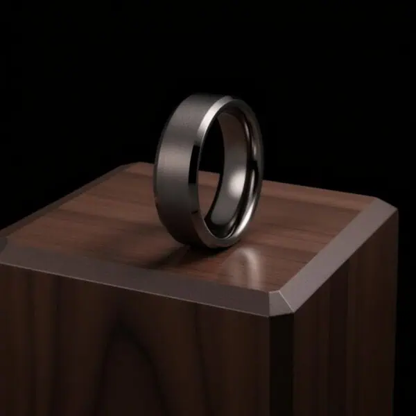 Driven men’s gunmetal grey tungsten wedding band with brushed finish, polished edges, and custom ring engraving for him.