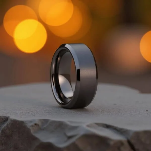 Mans gunmetal grey tungsten ring with a brush effect finish