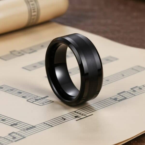 Black tungsten ring for men, brushed centre with polished bevelled edges, gents wedding or eternity ring.