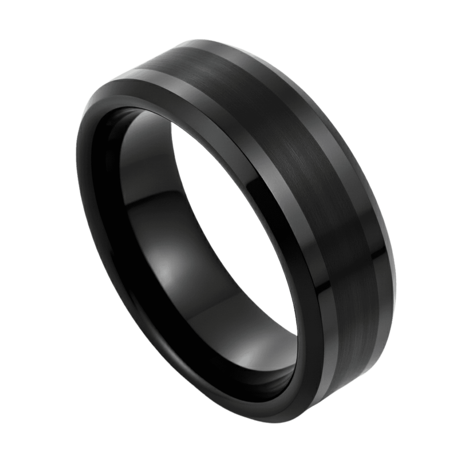 Black tungsten ring for men, polished bevelled edges and brushed centre, mens wedding band or statement ring with engraving.