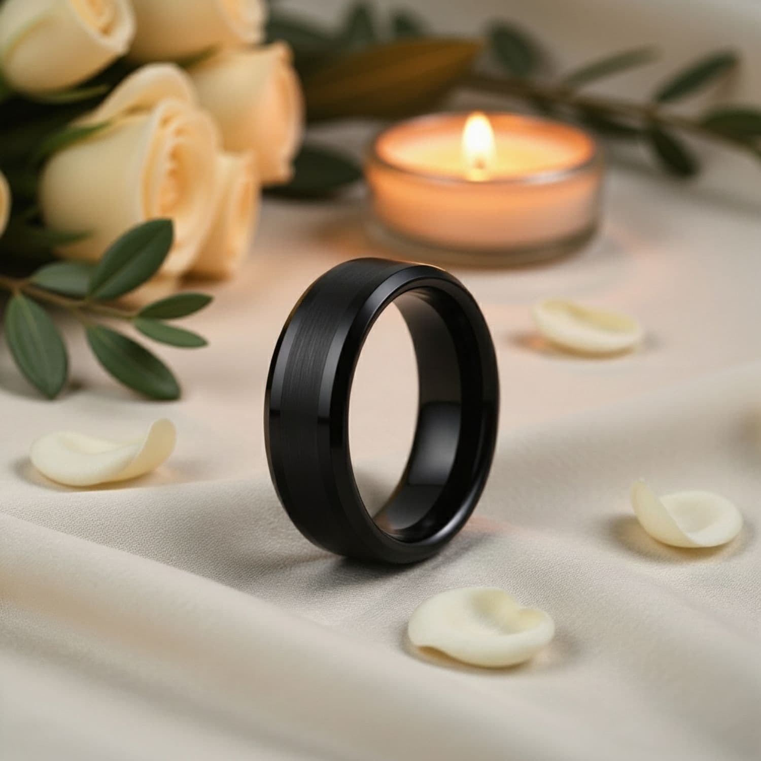 Black tungsten ring for men, brushed black centre and polished rims, mens wedding band or eternity ring.