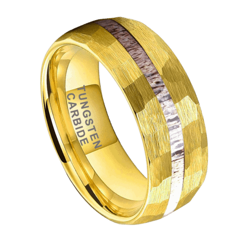 Mens tungsten ring gold hammered with inlay of antler