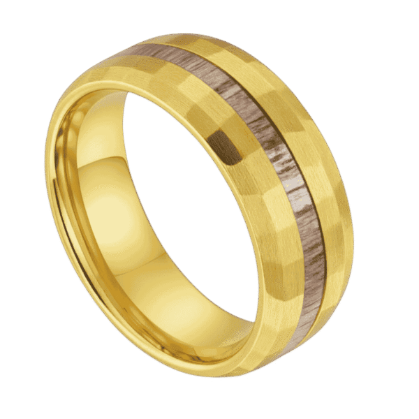The Splendour hammered gold tungsten and antler men’s wedding band with personalised engraving.