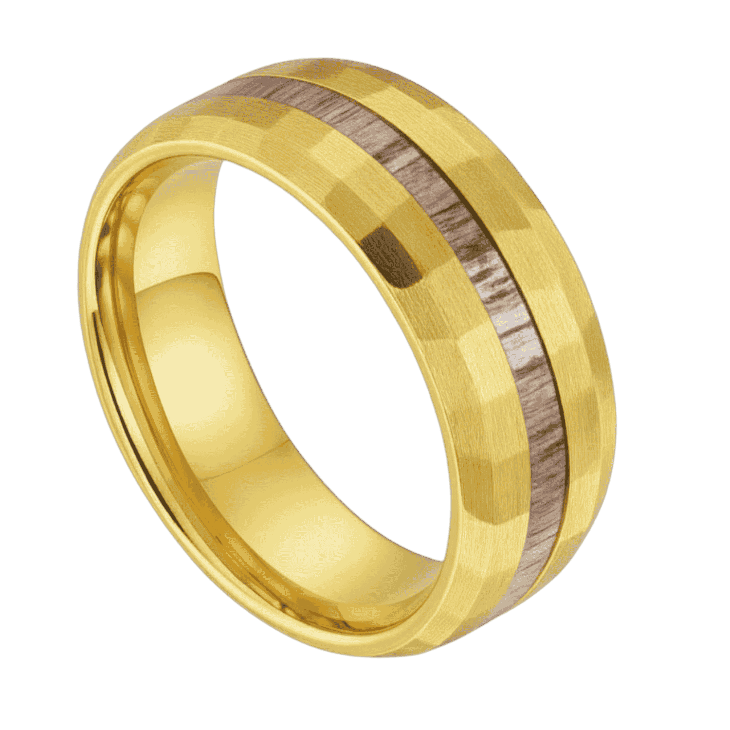 The Splendour hammered gold tungsten and antler men’s wedding band with personalised engraving.