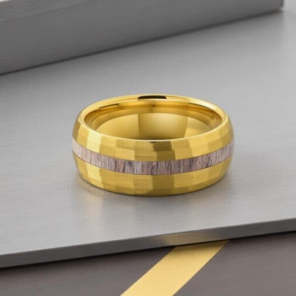 The Splendour men’s hammered gold tungsten and antler inlay ring with custom engraving.