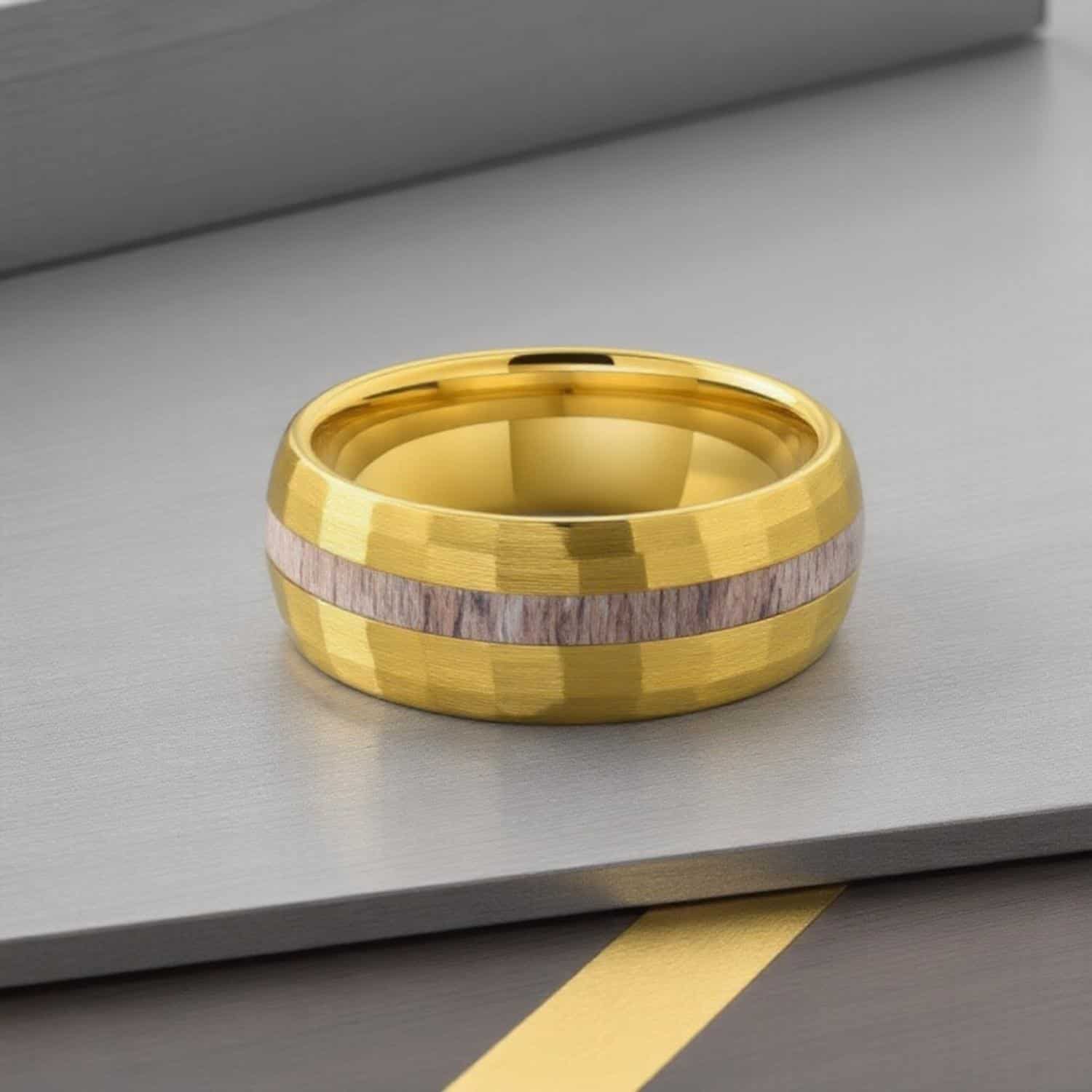 The Splendour men’s hammered gold tungsten and antler inlay ring with custom engraving.