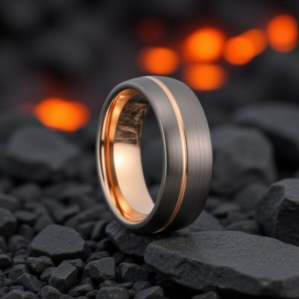 Striking and elegant male fashion statement ring. Gunmetal grey tungsten ring.