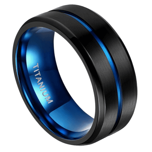 Men's Black and Blue Titanium Ring