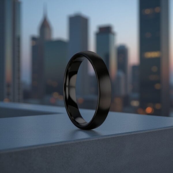 Fashion statement ring for guys. A black titanium ring ready for a personalised engraving.