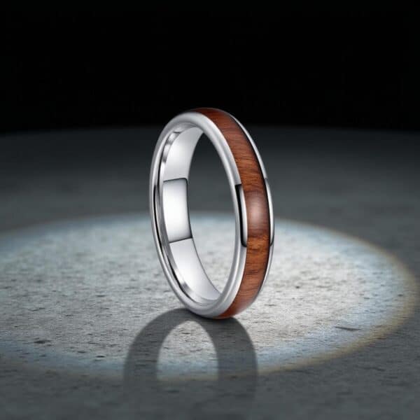 Men’s tungsten and wood eternity ring with custom engraving, The Woodrow.