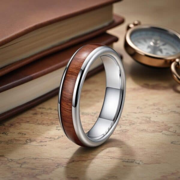 Elegant stainless steel and wood men's wedding band with a modern design, perfect for timeless wedding jewellery and special occasions.