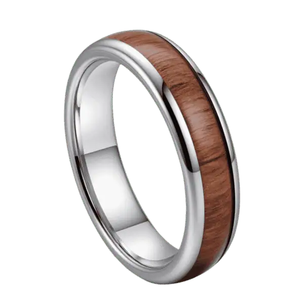 The Woodrow men’s tungsten and wood wedding band with silver finish and personalised engraving option.