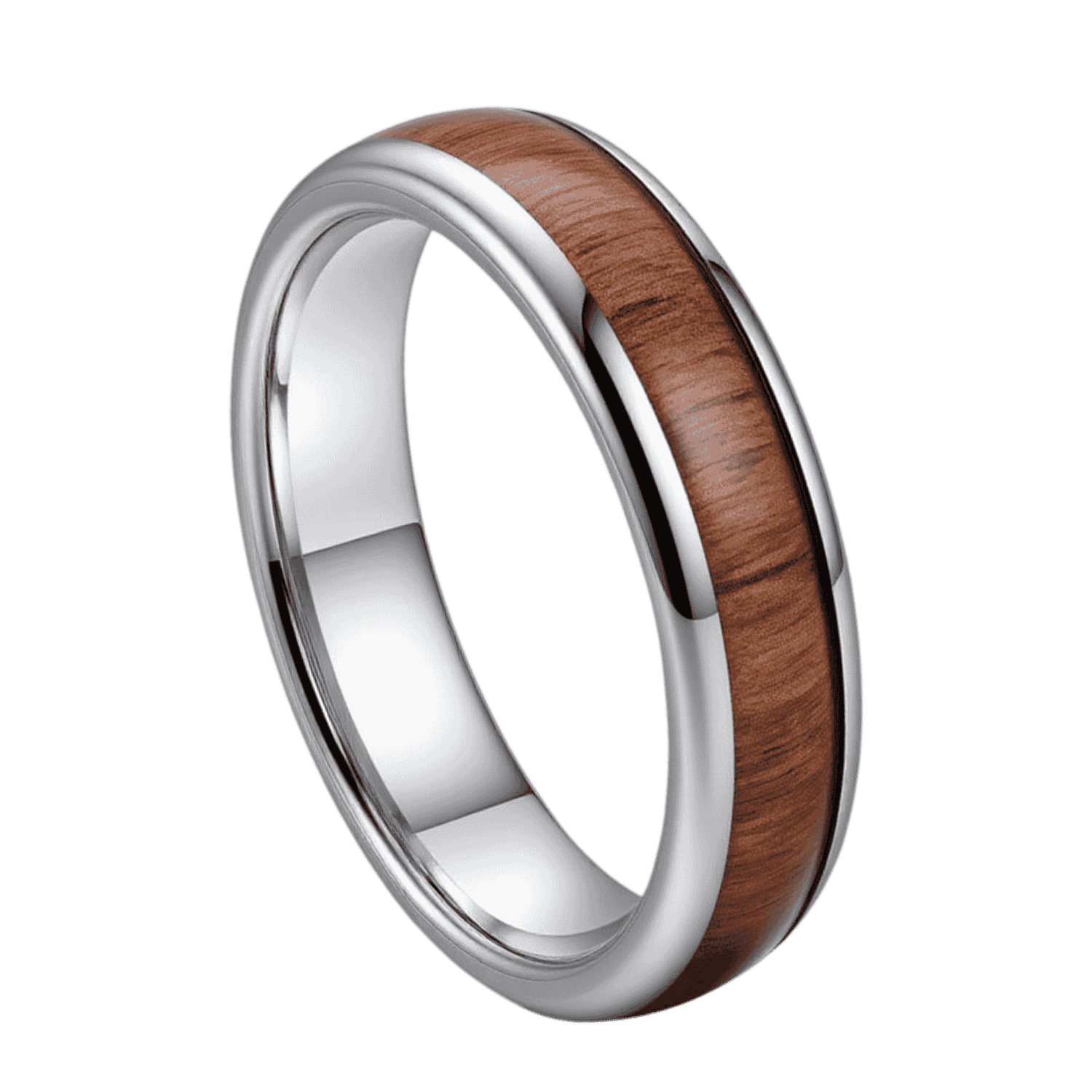 The Woodrow men’s tungsten and wood wedding band with silver finish and personalised engraving option.