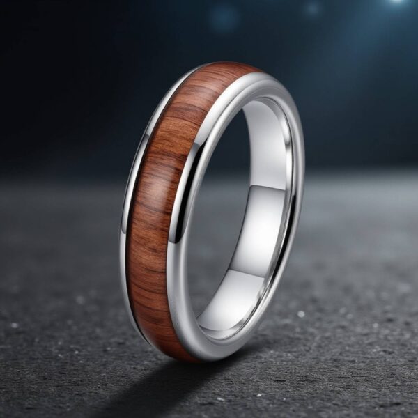 The Woodrow men’s silver tungsten wedding band with natural wood inlay and engraving option.