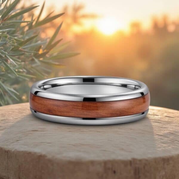 Silver tungsten and wood men’s ring, The Woodrow, with custom engraving — ideal as a wedding band or promise ring.