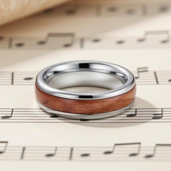Men’s silver tungsten and wood ring, The Woodrow — ideal as an eternity ring or anniversary band.