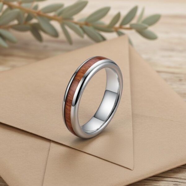 The Woodrow men’s tungsten and wood promise ring in silver, with custom engraving for gents.