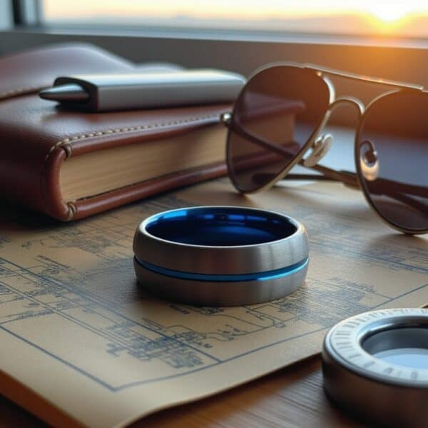 Tungsten gunmetal grey men’s ring with vivid blue inlay and interior, ideal as a wedding or eternity band.