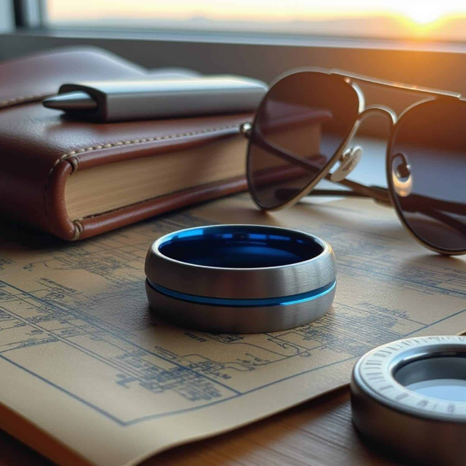 Tungsten gunmetal grey men’s ring with vivid blue inlay and interior, ideal as a wedding or eternity band.