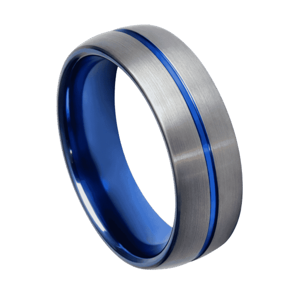 A gunmetal grey tungsten ring that has a brushed finish. This ring is made distinctive by its vibrant groove of blue that runs through the centre of the ring.