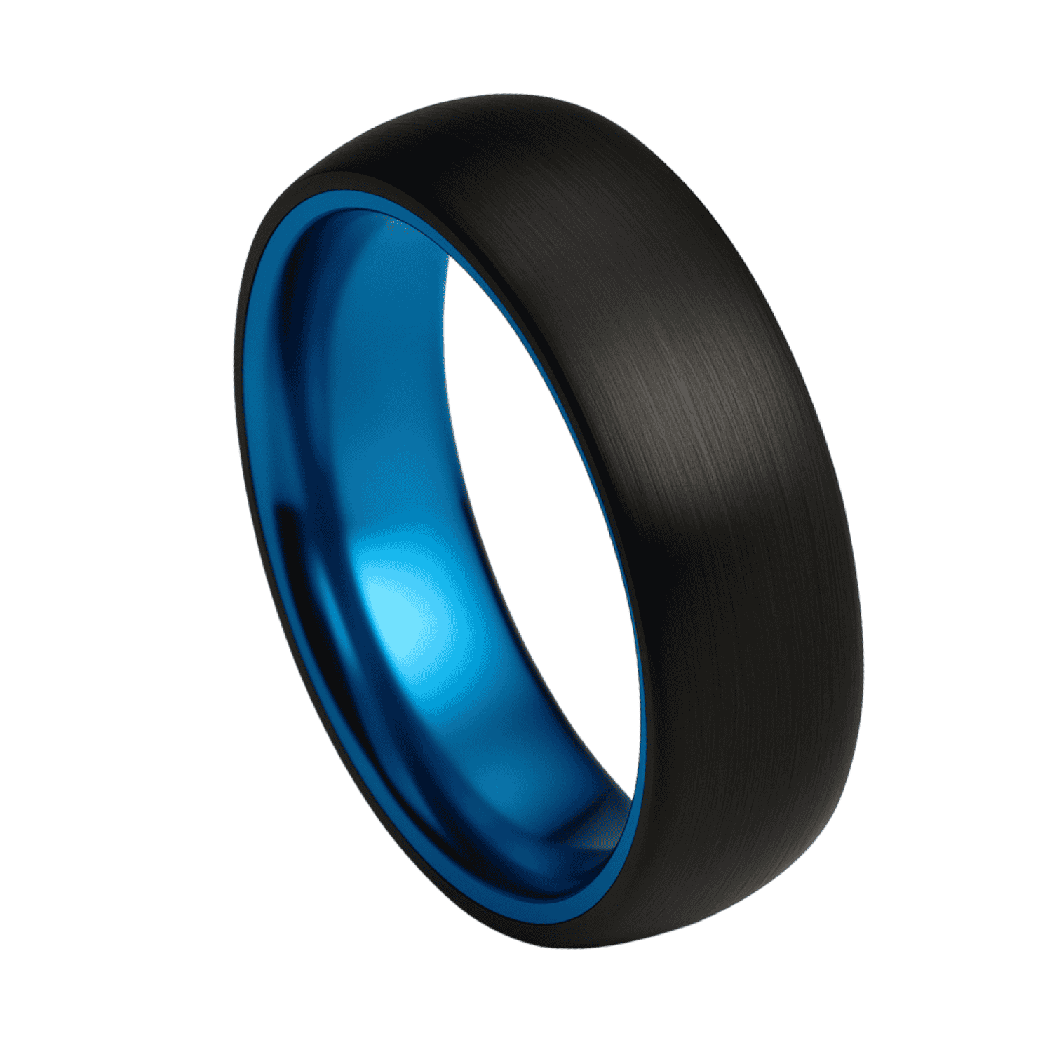 Black and blue men’s tungsten wedding band with brushed exterior and blue interior, available with engraving.