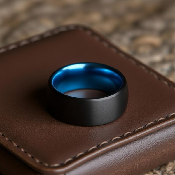 Men’s tungsten ring in black and blue with brushed finish and custom engraved interior.