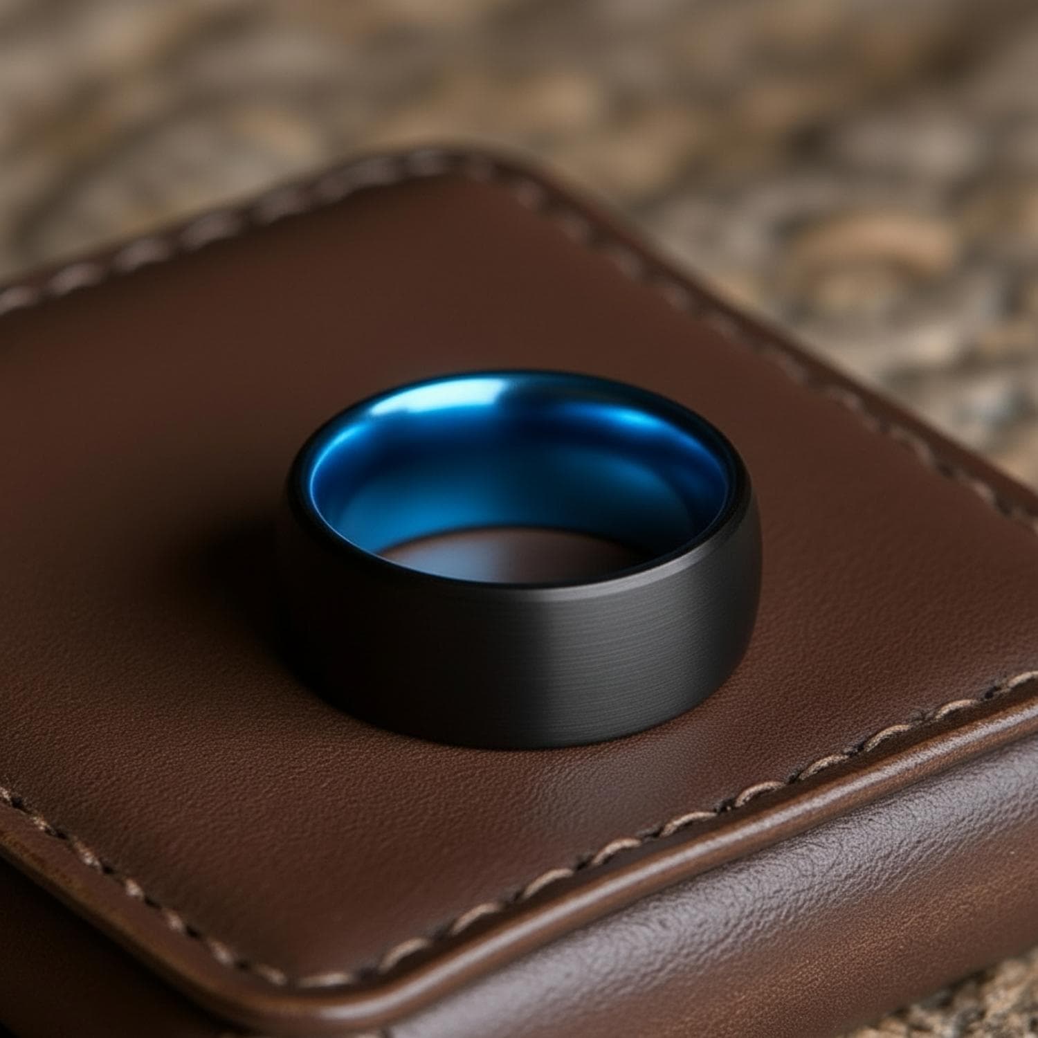 Men’s tungsten ring in black and blue with brushed finish and custom engraved interior.