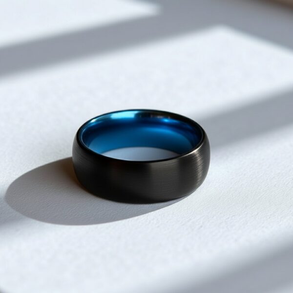 Tungsten black and blue ring for men, ideal as a wedding or anniversary band with custom engraving.