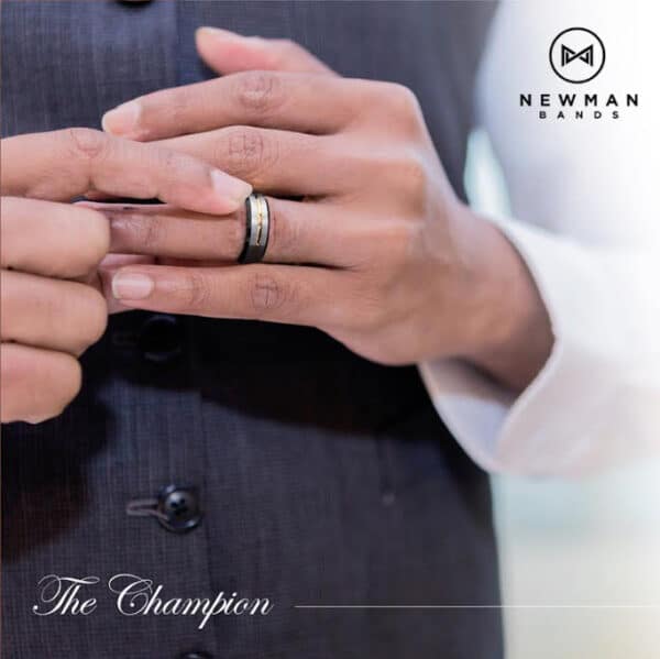 Man wearing wedding ring silver gold and black tungsten 6mm 8mm