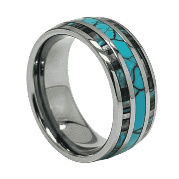 The Rio turquoise and abalone shell tungsten ring for men, custom engraved wedding or statement band.