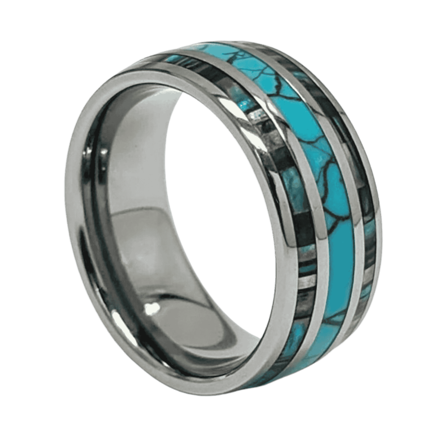 The Rio turquoise and abalone shell tungsten ring for men, custom engraved wedding or statement band.
