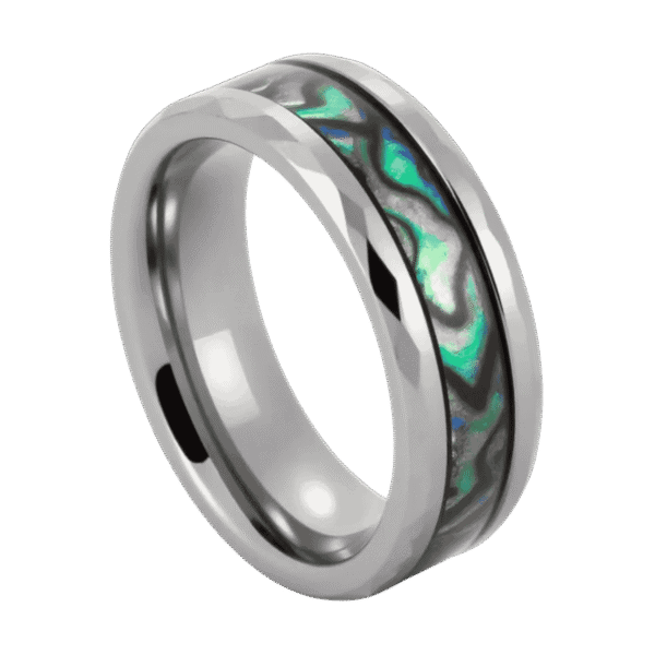 Men’s tungsten wedding band with abalone shell inlay and personalised engraving option