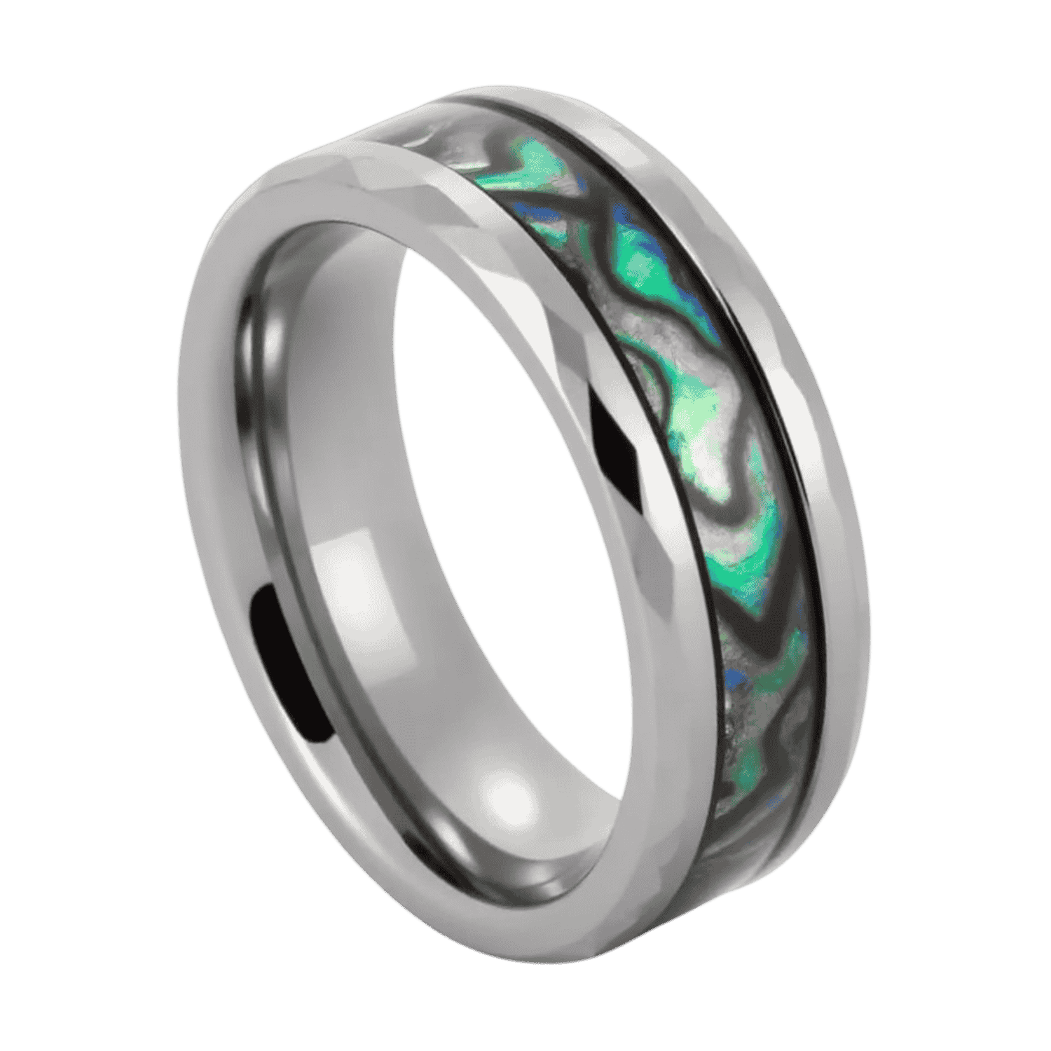 Men’s tungsten wedding band with abalone shell inlay and personalised engraving option
