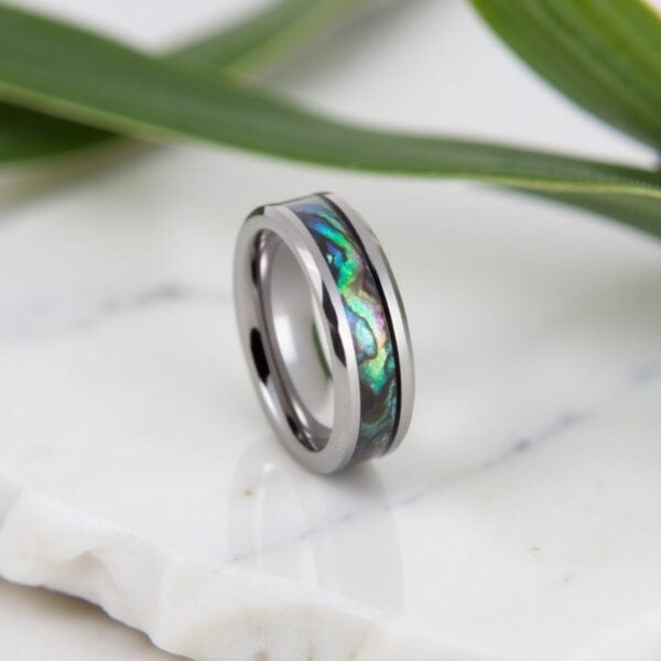 Men’s tungsten promise ring featuring abalone shell inlay and polished bevelled edges.