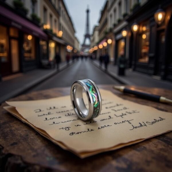 Men’s tungsten ring with abalone shell inlay and polished bevelled edges, engraved for him.