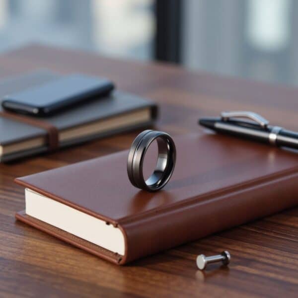 Gunmetal grey tungsten male ring with brushed centre groove and polished edges, available with engraving.